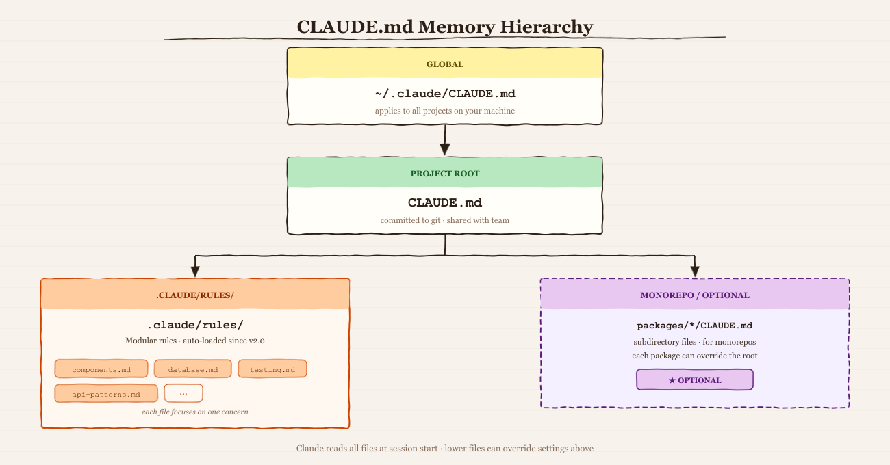 The CLAUDE.md memory hierarchy — from global to project to rules directory to subdirectory